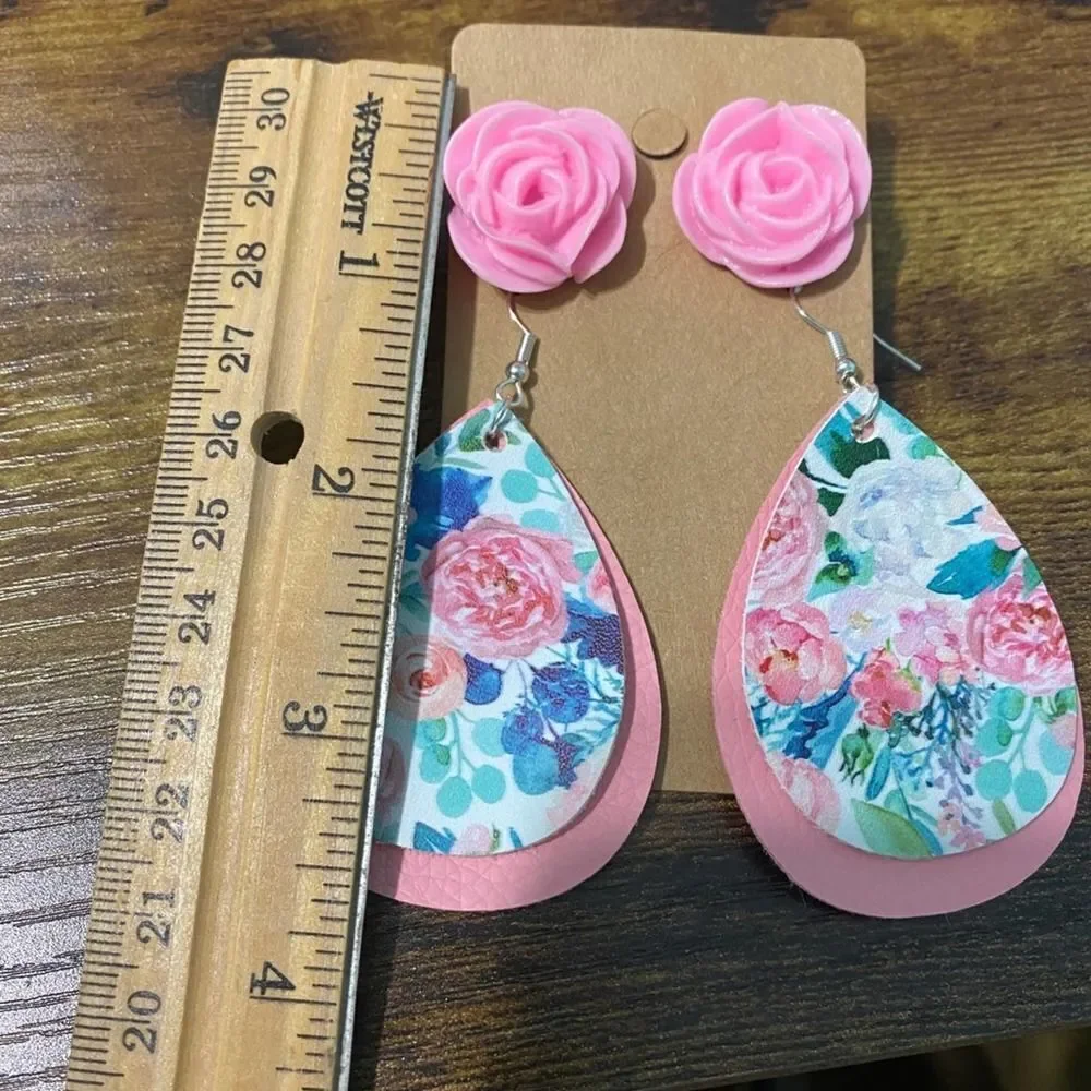 Women's Floral Earring Set Pink Rose Studs Rose Dangles Teardrop Dangles Fashion